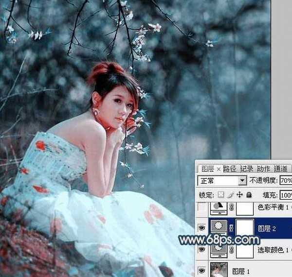 Photoshop为外景美女图片调制出甜美的古典暗青色