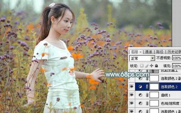 Photoshop将花海中的美女调制出甜美的秋季淡黄色