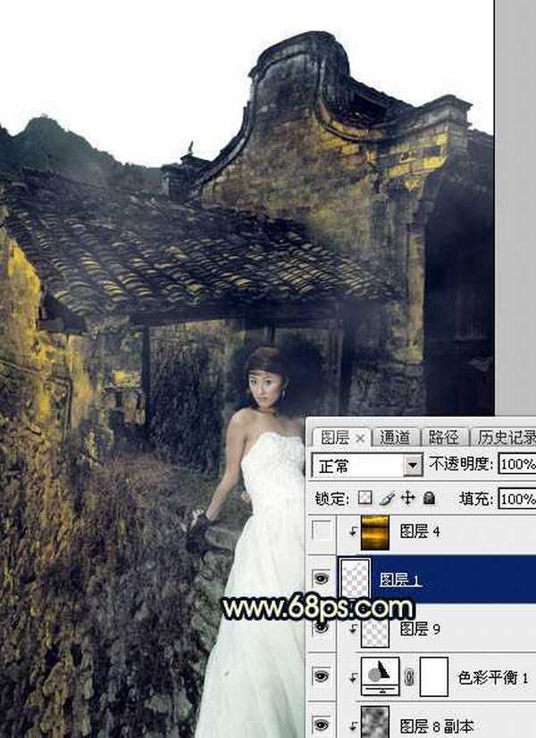 Photoshop调出高对比霞光色残旧古建筑人物图片