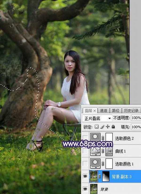 Photoshop调制出甜美清新的淡蓝色树林人物图片